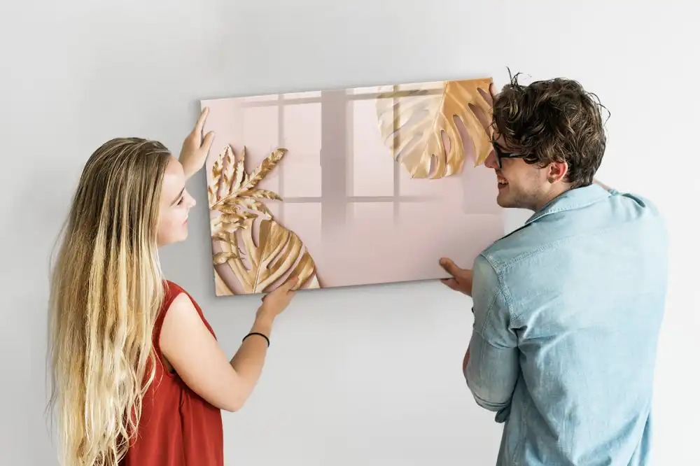 Tableau blanc magnétique effaçable à sec à motif de feuilles tropicales dorées