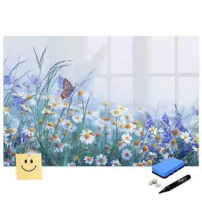 Tableau magnétique pour écriture motif papillon dans une prairie fleurie
