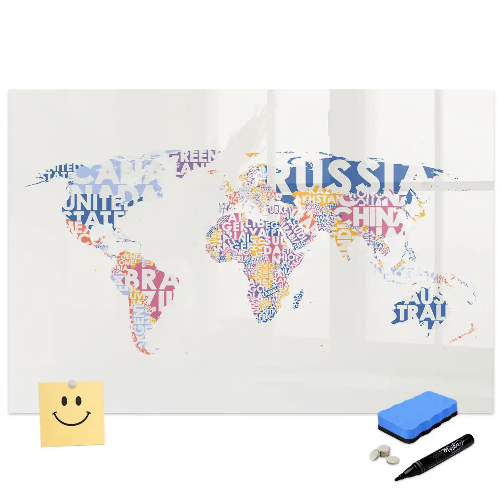 Tableau blanc magnétique effaçable à sec avec carte du monde