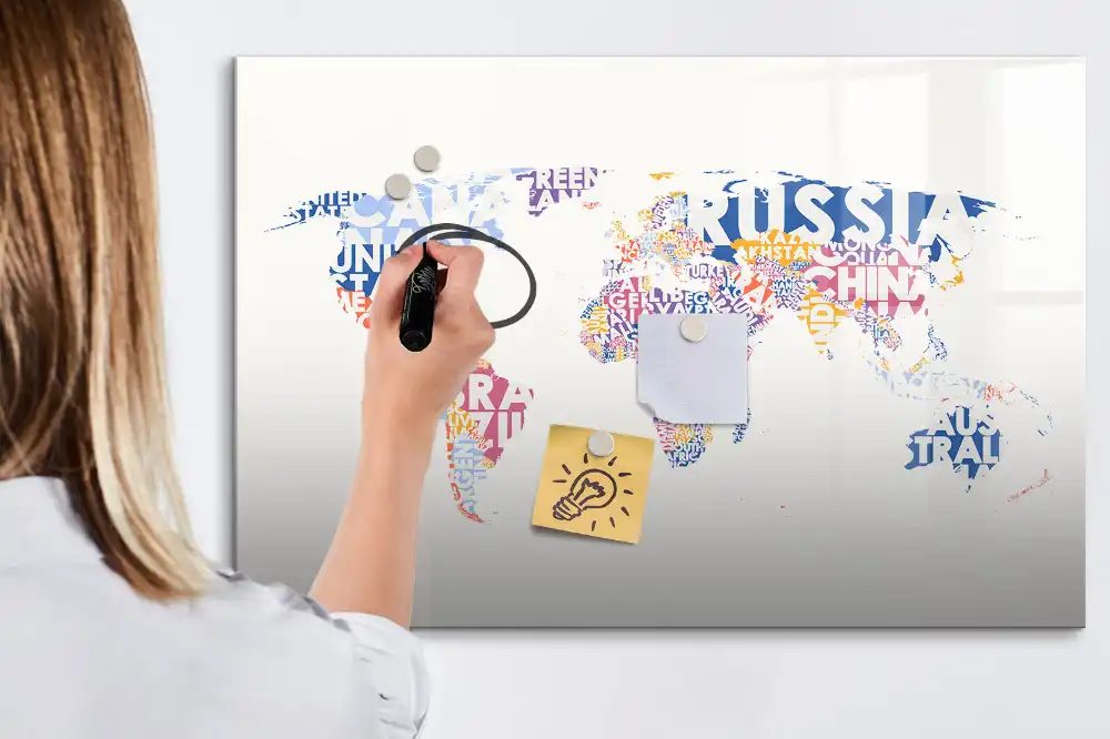 Tableau blanc magnétique effaçable à sec avec carte du monde