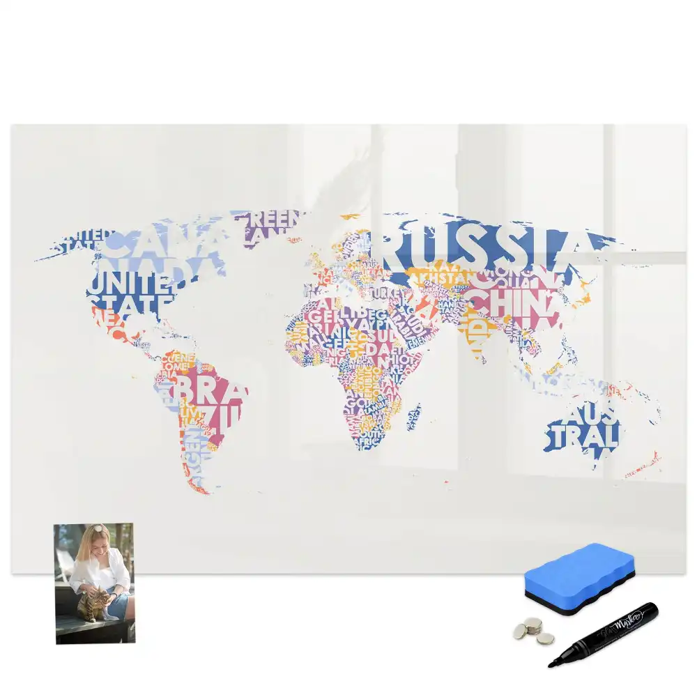 Tableau blanc magnétique effaçable à sec avec carte du monde