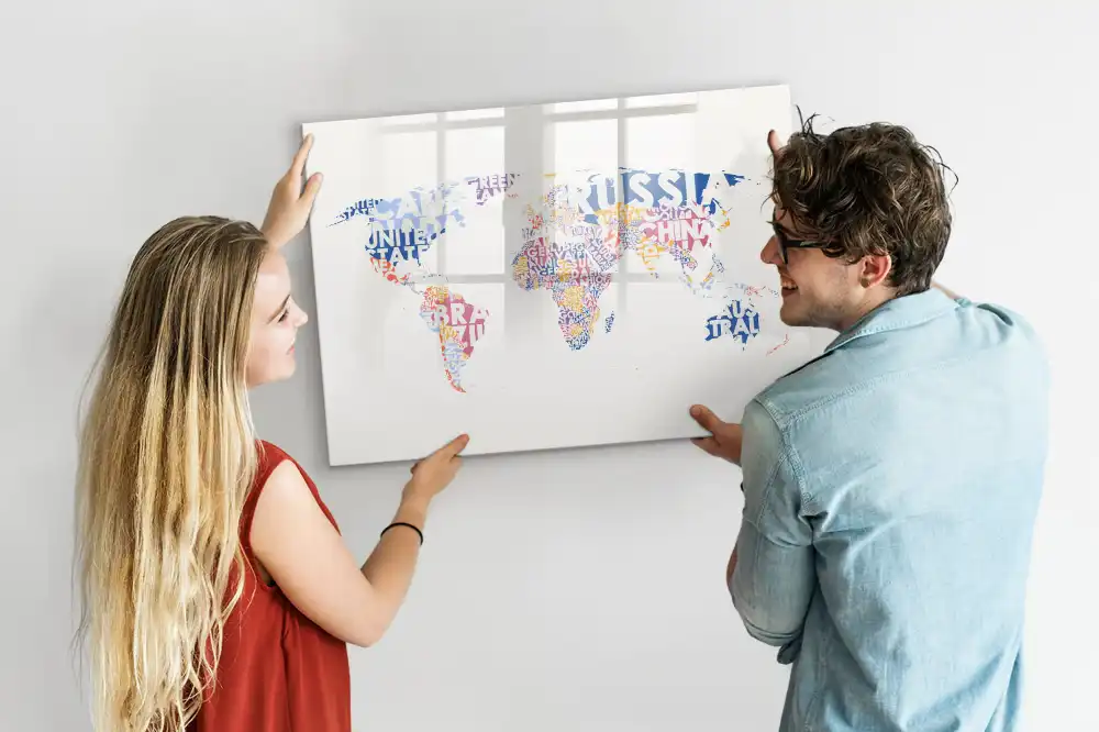 Tableau blanc magnétique effaçable à sec avec carte du monde