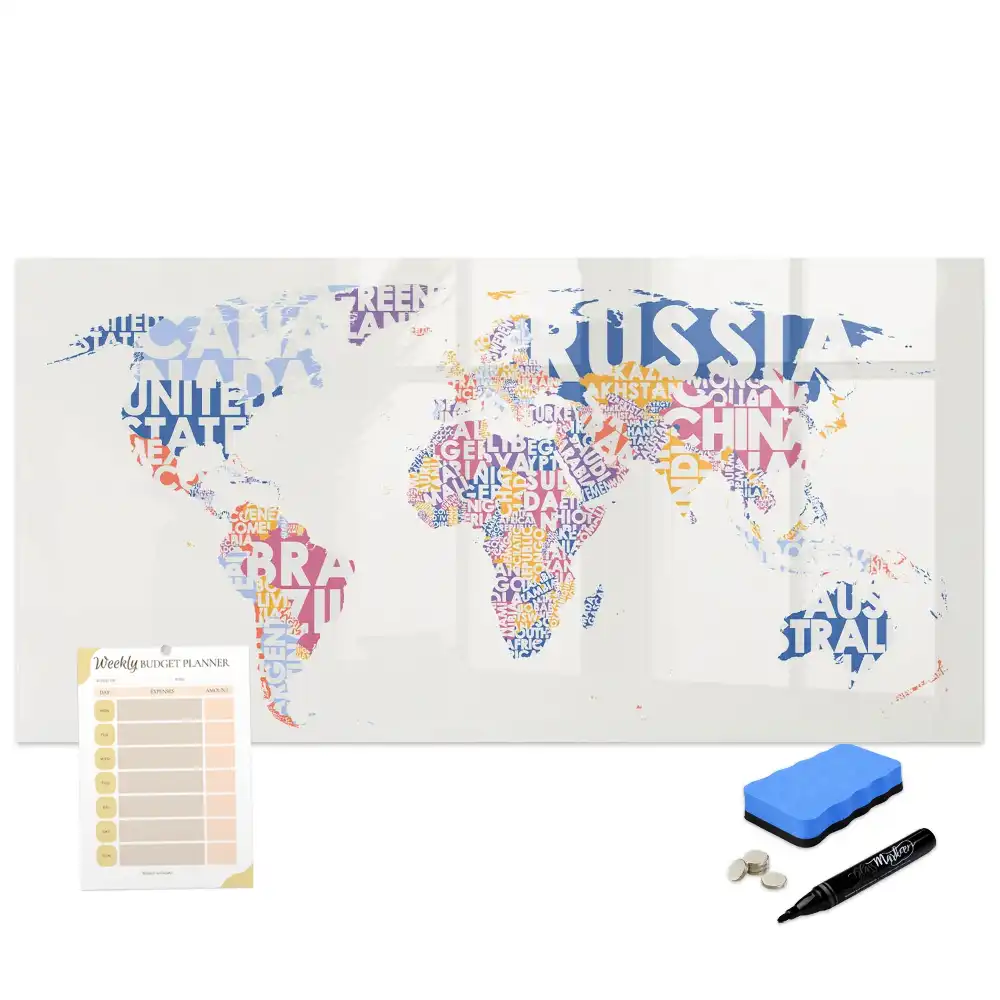Tableau blanc magnétique effaçable à sec avec carte du monde