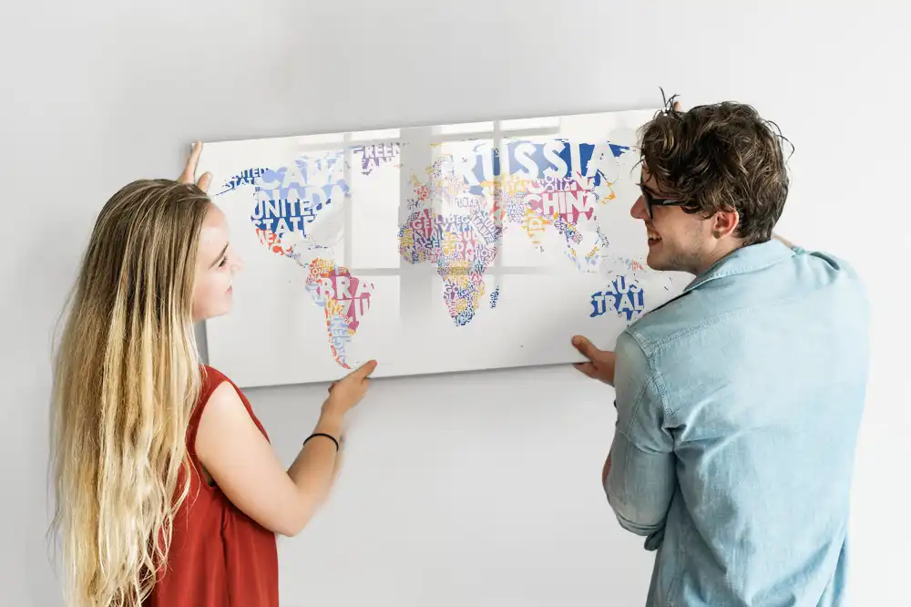 Tableau blanc magnétique effaçable à sec avec carte du monde