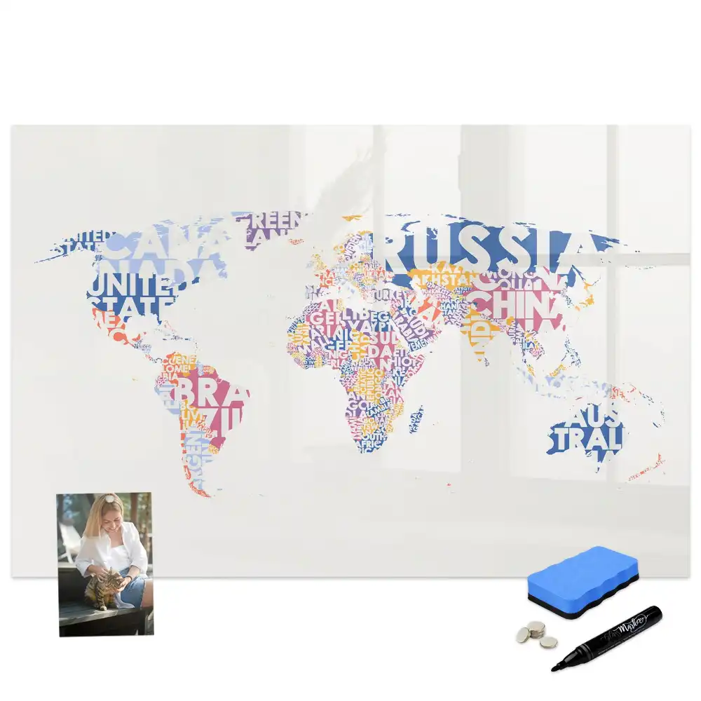 Tableau blanc magnétique effaçable à sec avec carte du monde