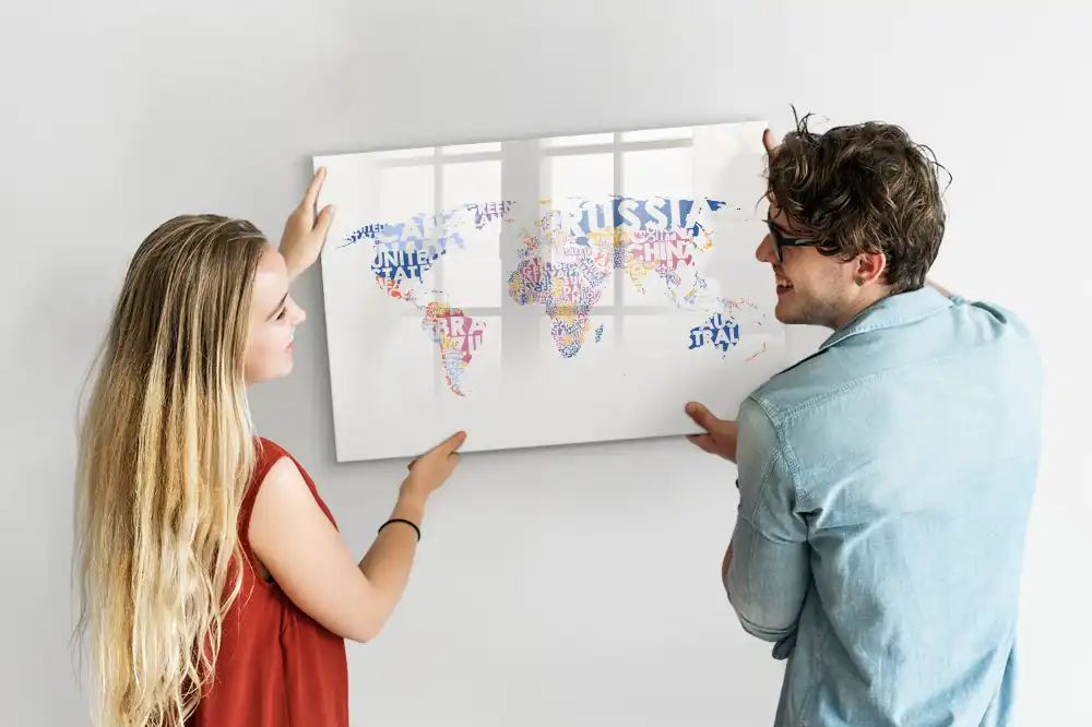 Tableau blanc magnétique effaçable à sec avec carte du monde