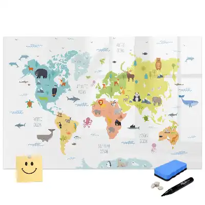 Tableau blanc magnétique effaçable à sec avec carte du monde illustrée d'animaux