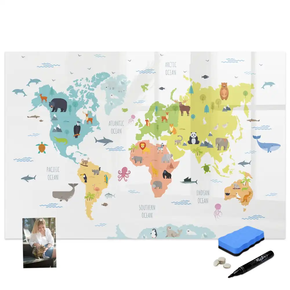 Tableau blanc magnétique effaçable à sec avec carte du monde illustrée d'animaux