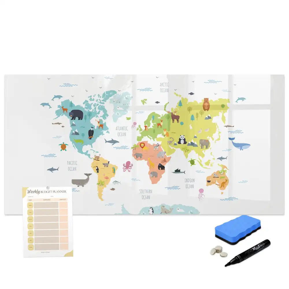 Tableau blanc magnétique effaçable à sec avec carte du monde illustrée d'animaux