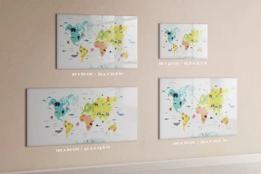 Tableau blanc magnétique effaçable à sec avec carte du monde illustrée d'animaux