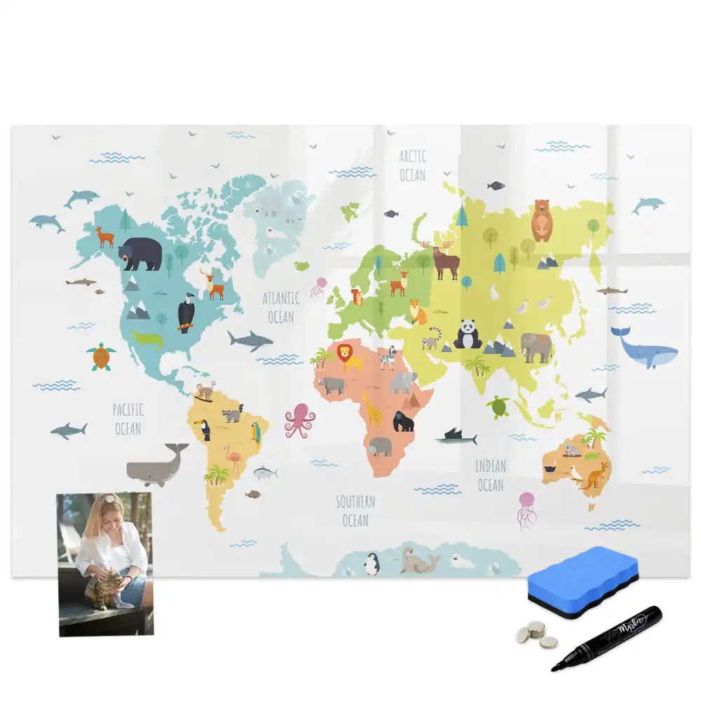 Tableau blanc magnétique effaçable à sec avec carte du monde illustrée d'animaux