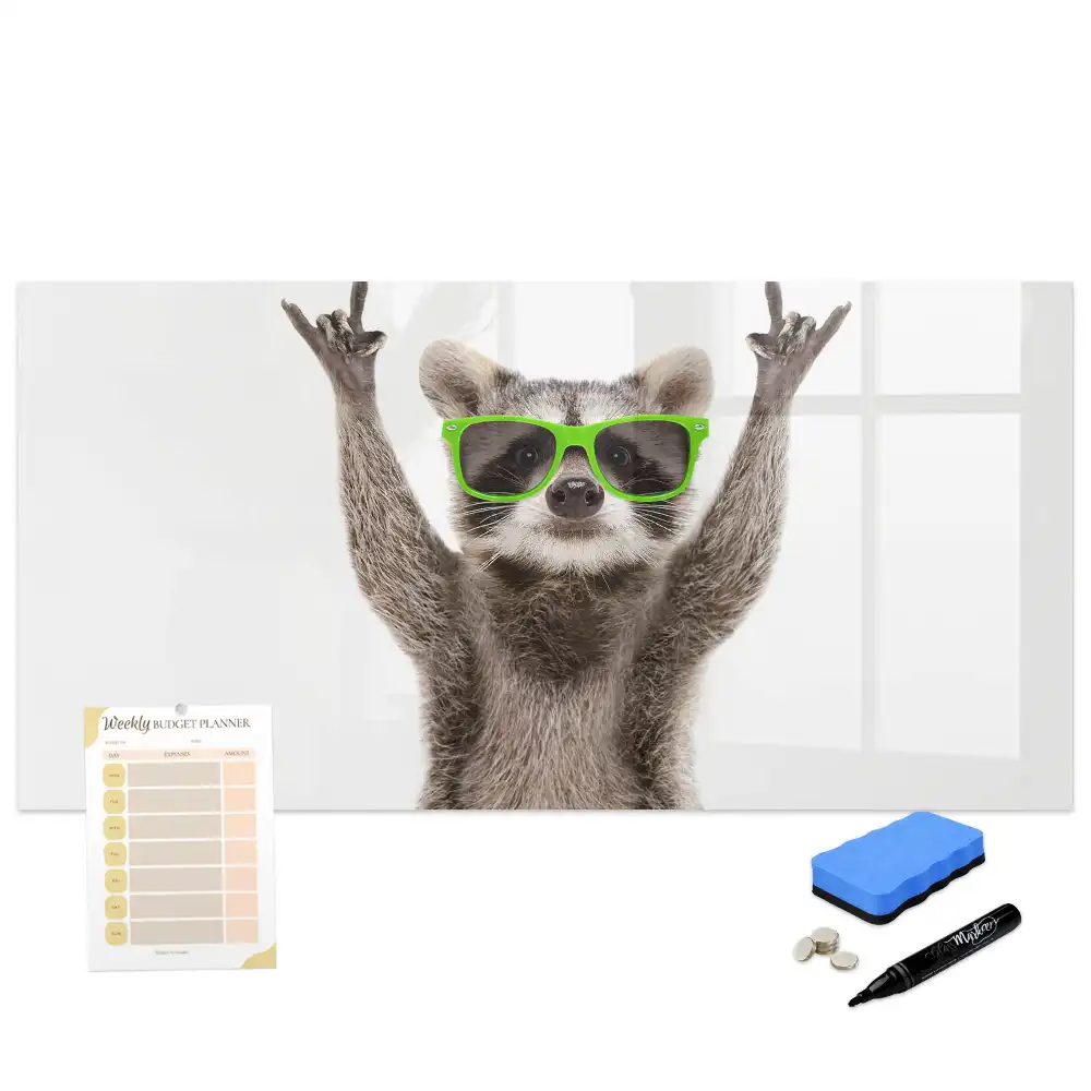 Tableau blanc magnétique effaçable à sec motif raton laveur avec lunettes