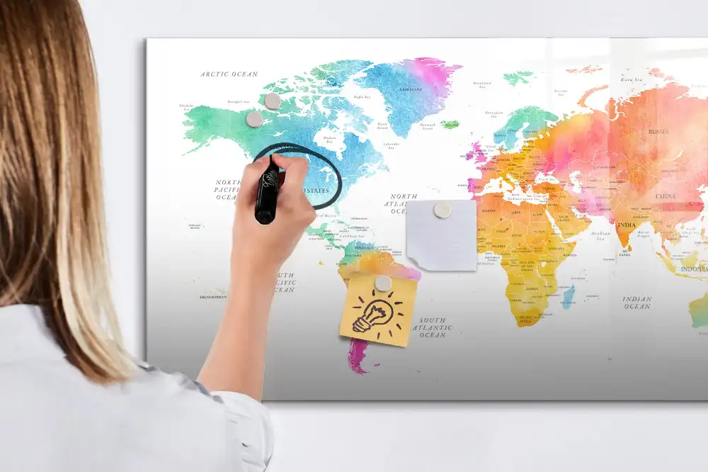 Tableau magnétique pour écriture motif taches d'aquarelle agencement du monde