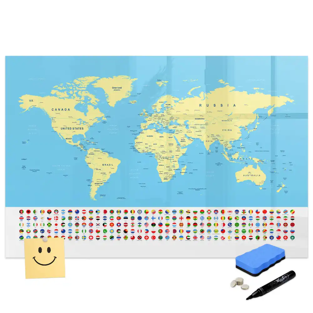 Tableau blanc magnétique effaçable à sec avec carte du monde classique