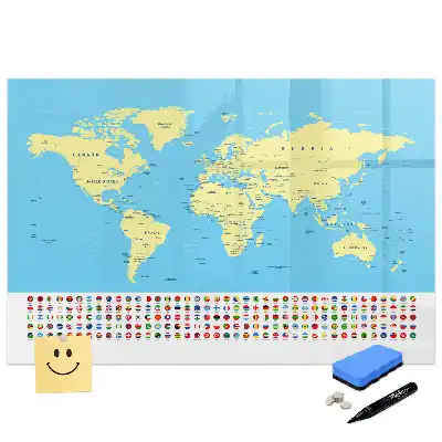 Tableau blanc magnétique effaçable à sec avec carte du monde classique