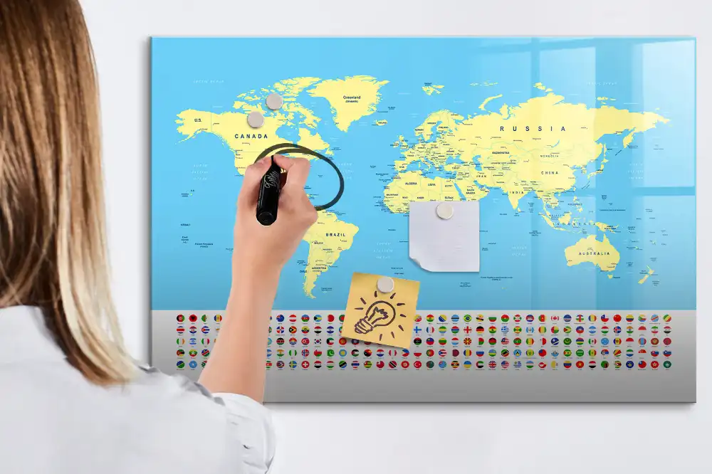 Tableau blanc magnétique effaçable à sec avec carte du monde classique