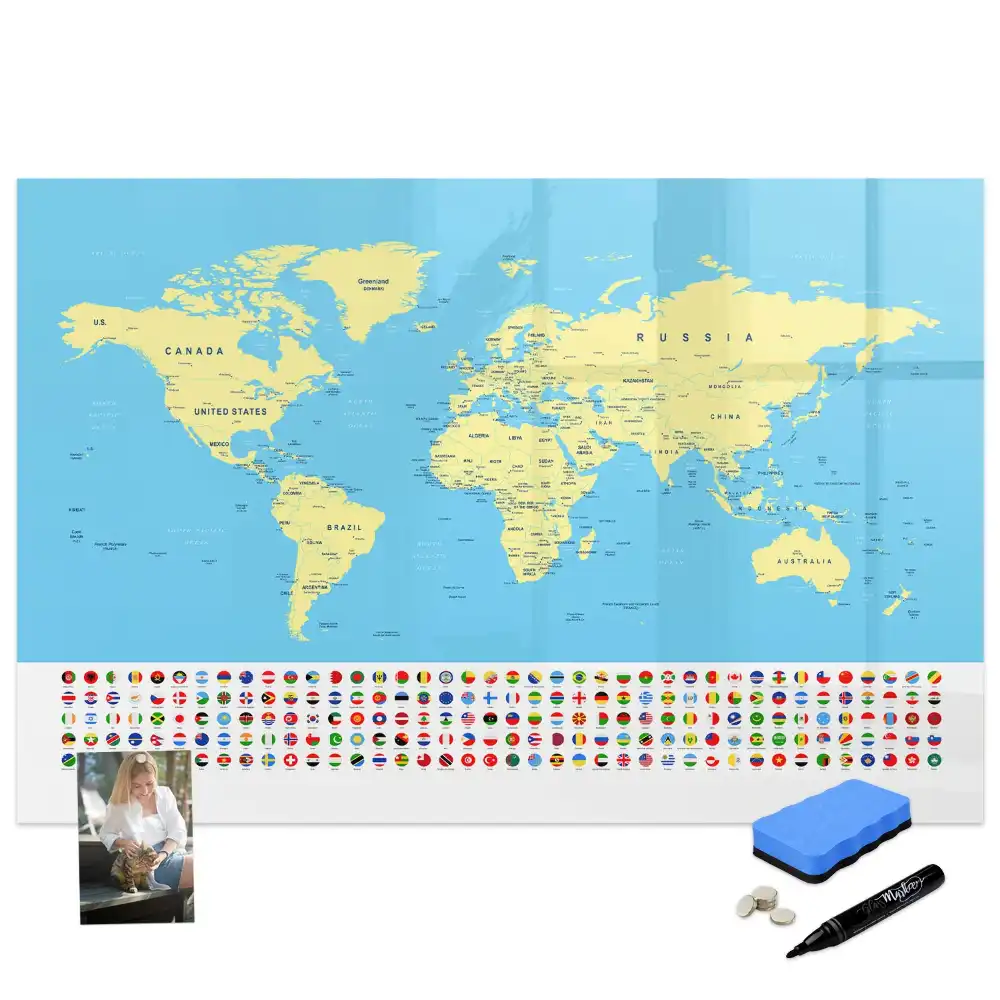Tableau blanc magnétique effaçable à sec avec carte du monde classique