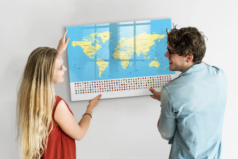 Tableau blanc magnétique effaçable à sec avec carte du monde classique