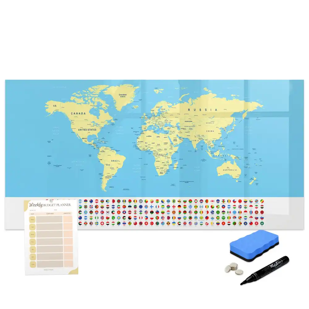 Tableau blanc magnétique effaçable à sec avec carte du monde classique