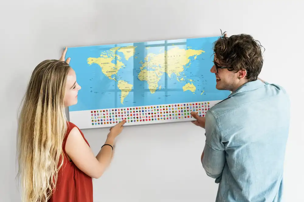 Tableau blanc magnétique effaçable à sec avec carte du monde classique