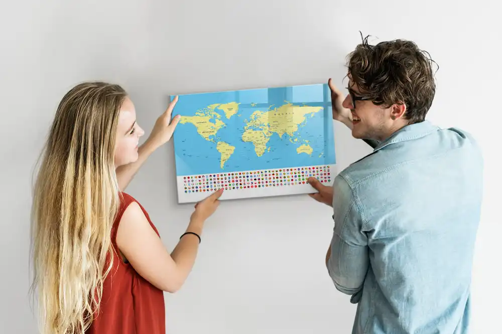 Tableau blanc magnétique effaçable à sec avec carte du monde classique