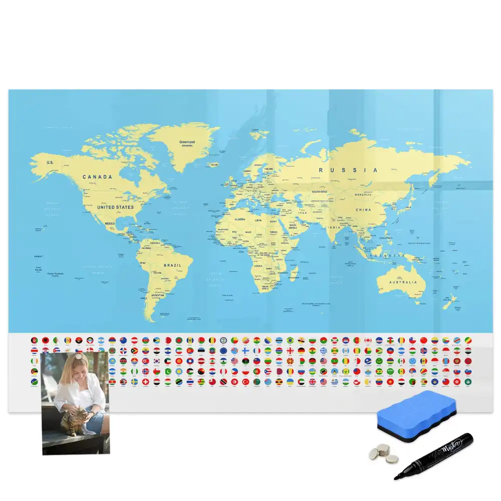 Tableau blanc magnétique effaçable à sec avec carte du monde classique