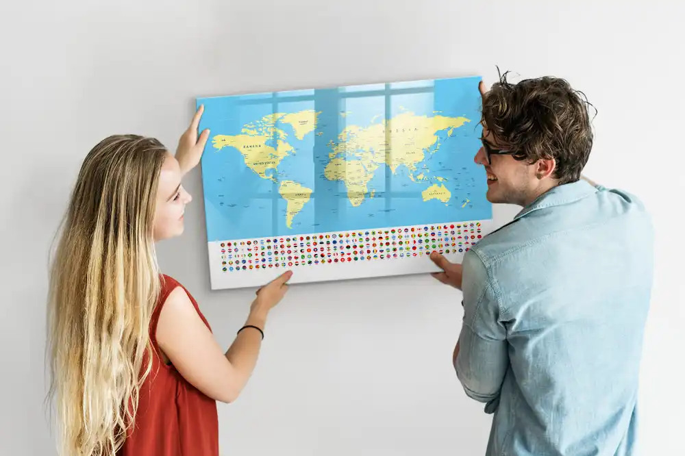 Tableau blanc magnétique effaçable à sec avec carte du monde classique