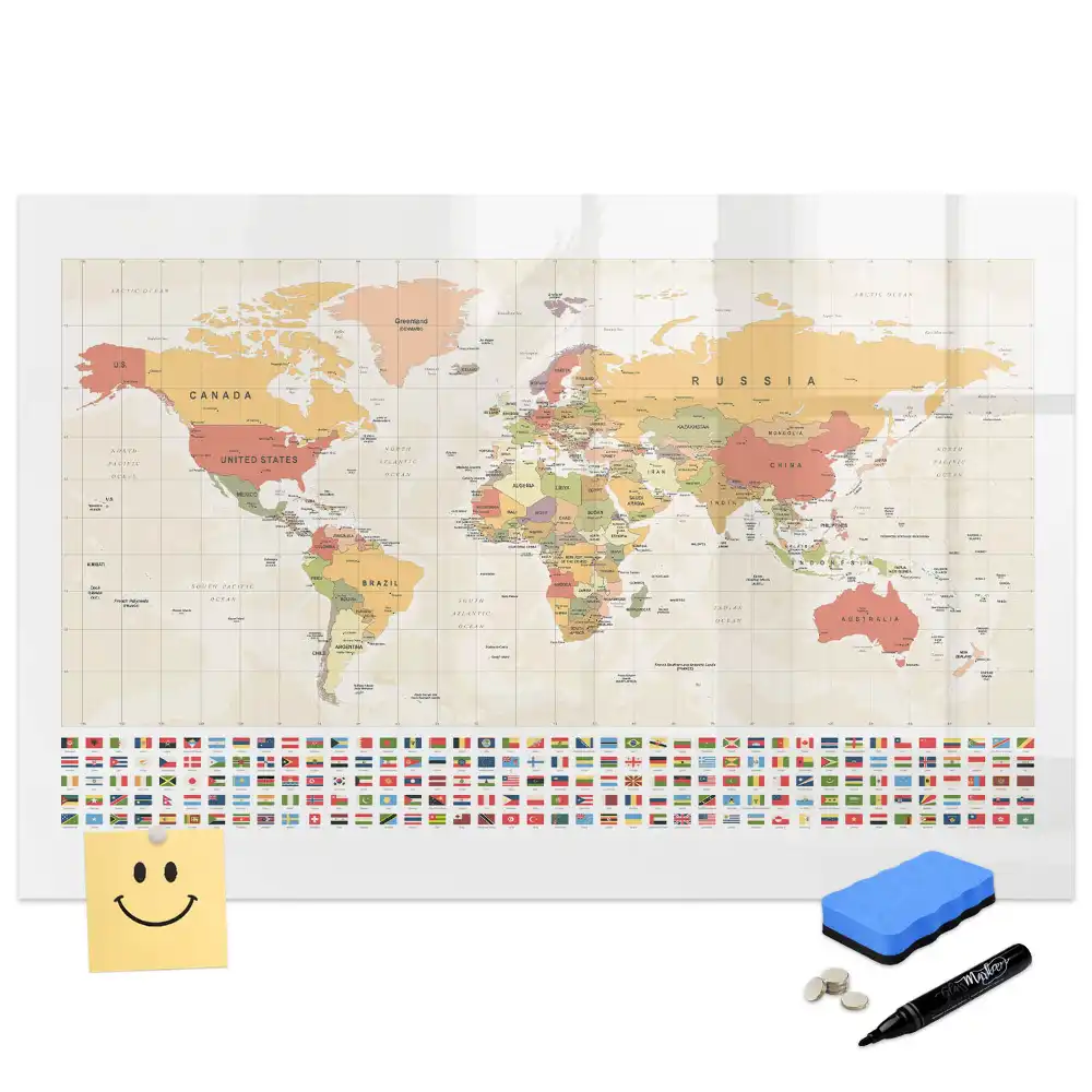 Tableau magnétique pour écriture avec design de carte du monde
