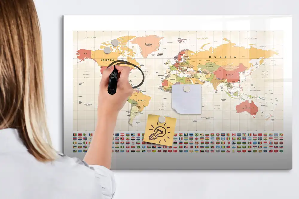Tableau magnétique pour écriture avec design de carte du monde