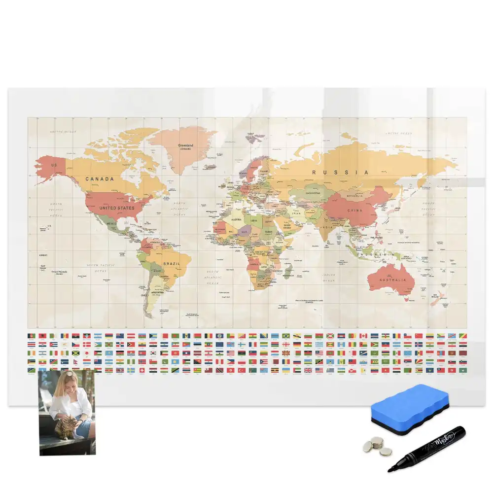 Tableau magnétique pour écriture avec design de carte du monde