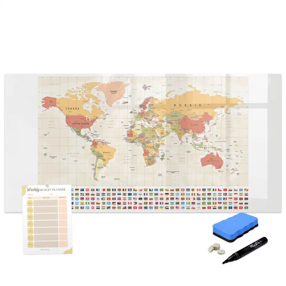 Tableau magnétique pour écriture avec design de carte du monde
