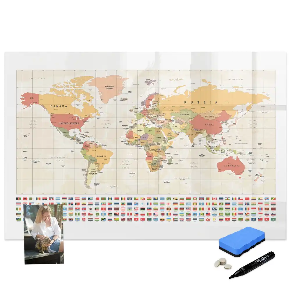 Tableau magnétique pour écriture avec design de carte du monde