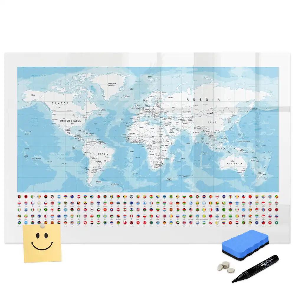 Tableau blanc magnétique effaçable à sec illustré des contours des continents