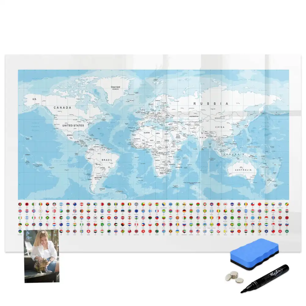 Tableau blanc magnétique effaçable à sec illustré des contours des continents