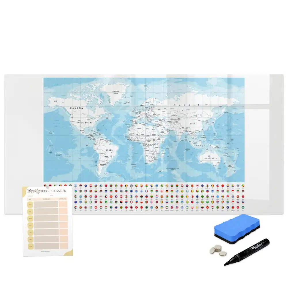 Tableau blanc magnétique effaçable à sec illustré des contours des continents
