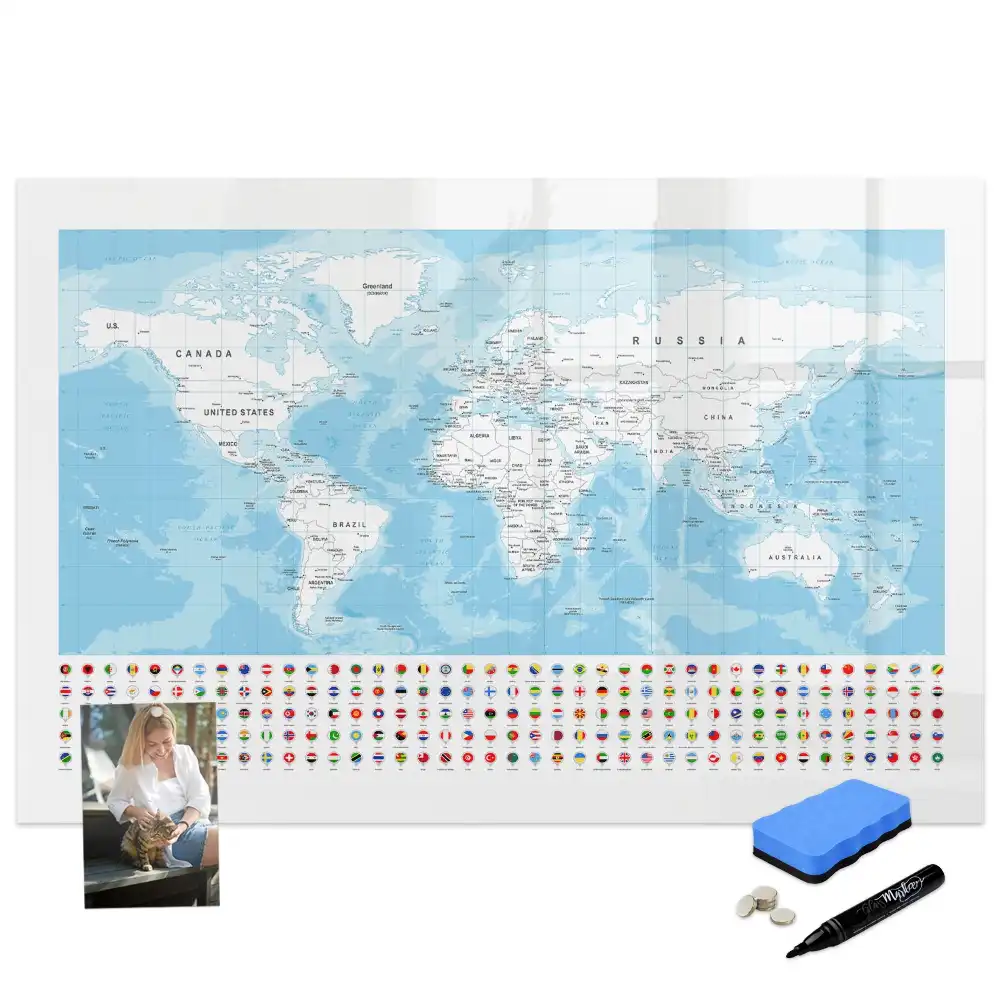 Tableau blanc magnétique effaçable à sec illustré des contours des continents