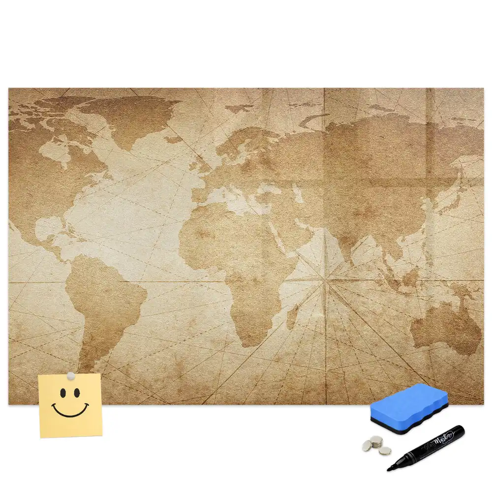 Tableau blanc magnétique effaçable à sec avec carte du monde vintage