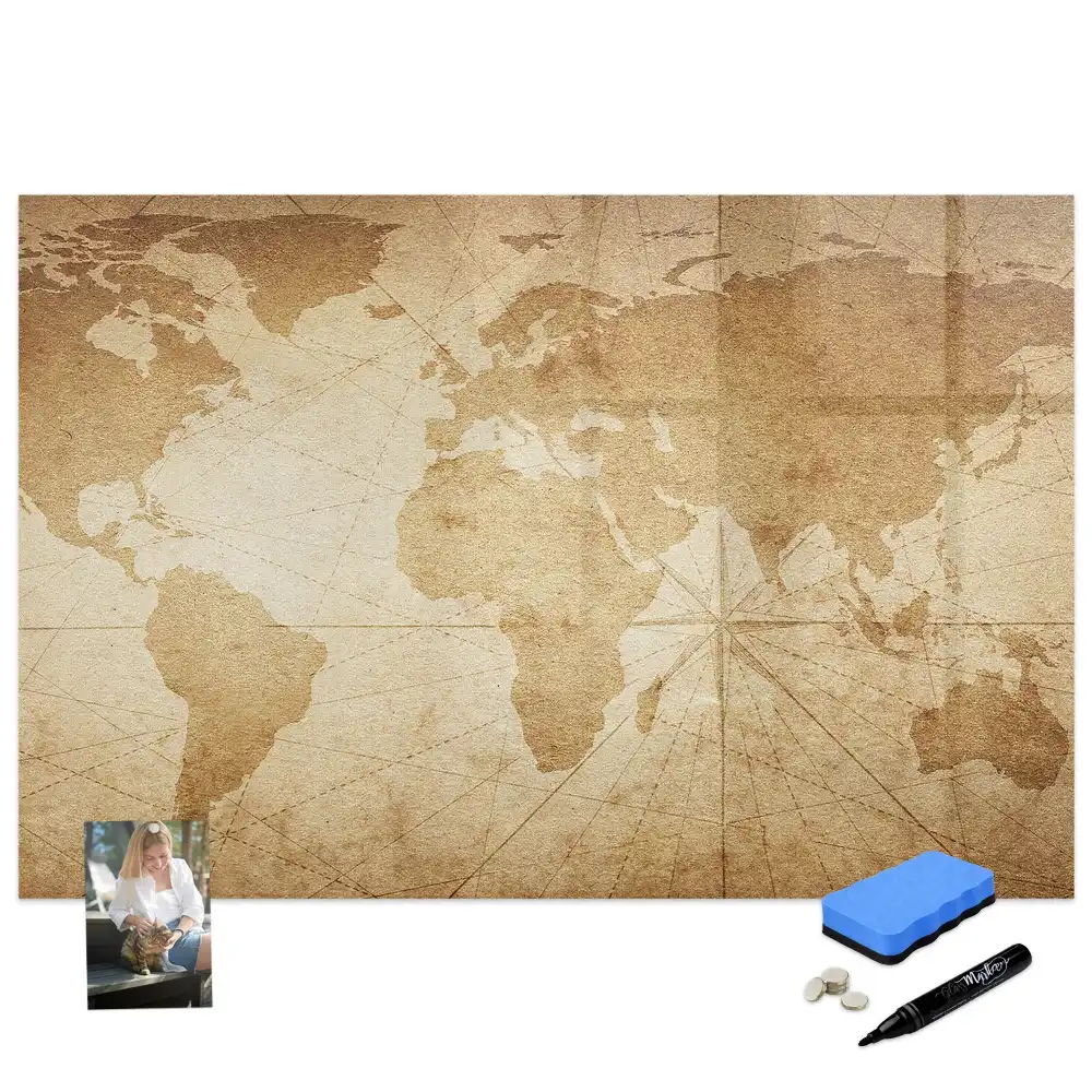 Tableau blanc magnétique effaçable à sec avec carte du monde vintage