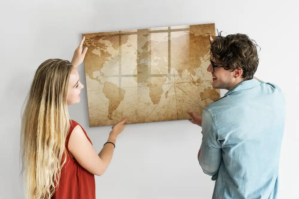 Tableau blanc magnétique effaçable à sec avec carte du monde vintage