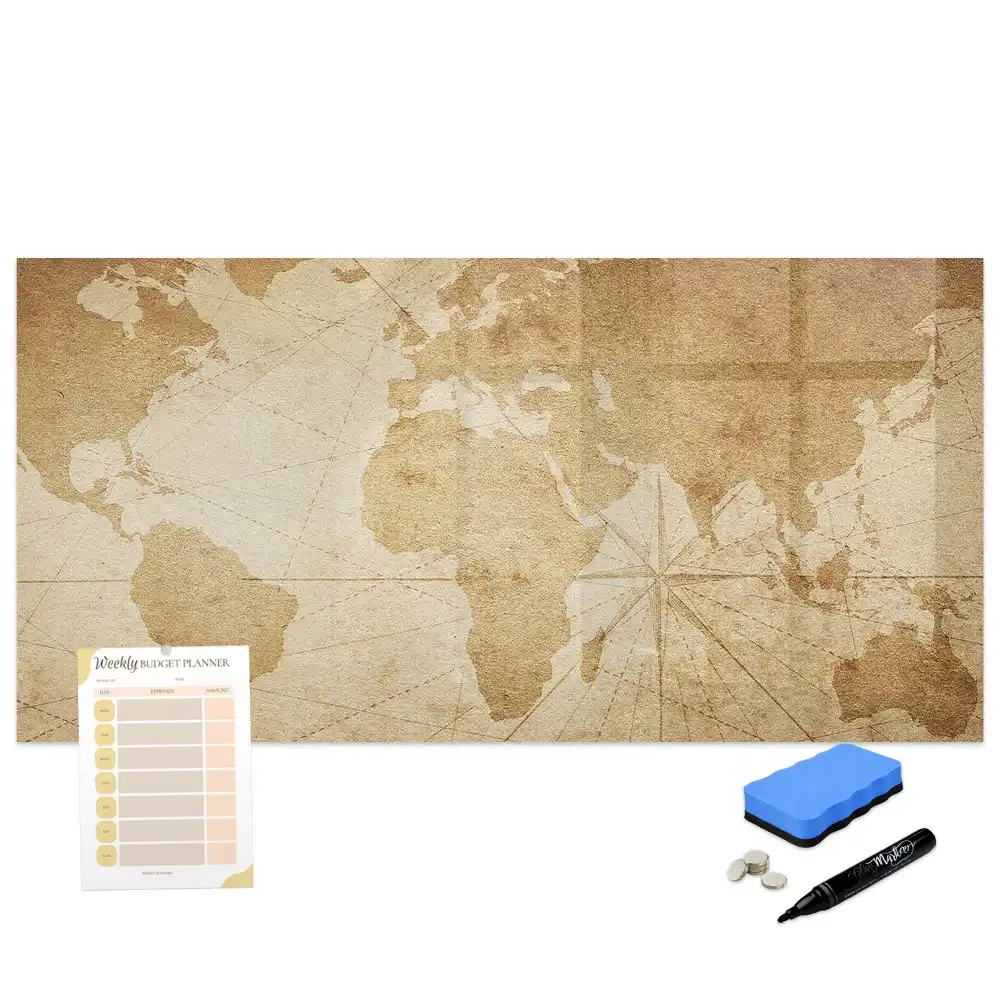 Tableau blanc magnétique effaçable à sec avec carte du monde vintage