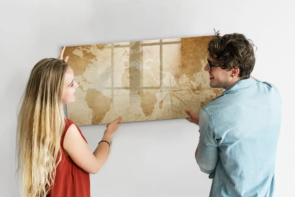 Tableau blanc magnétique effaçable à sec avec carte du monde vintage