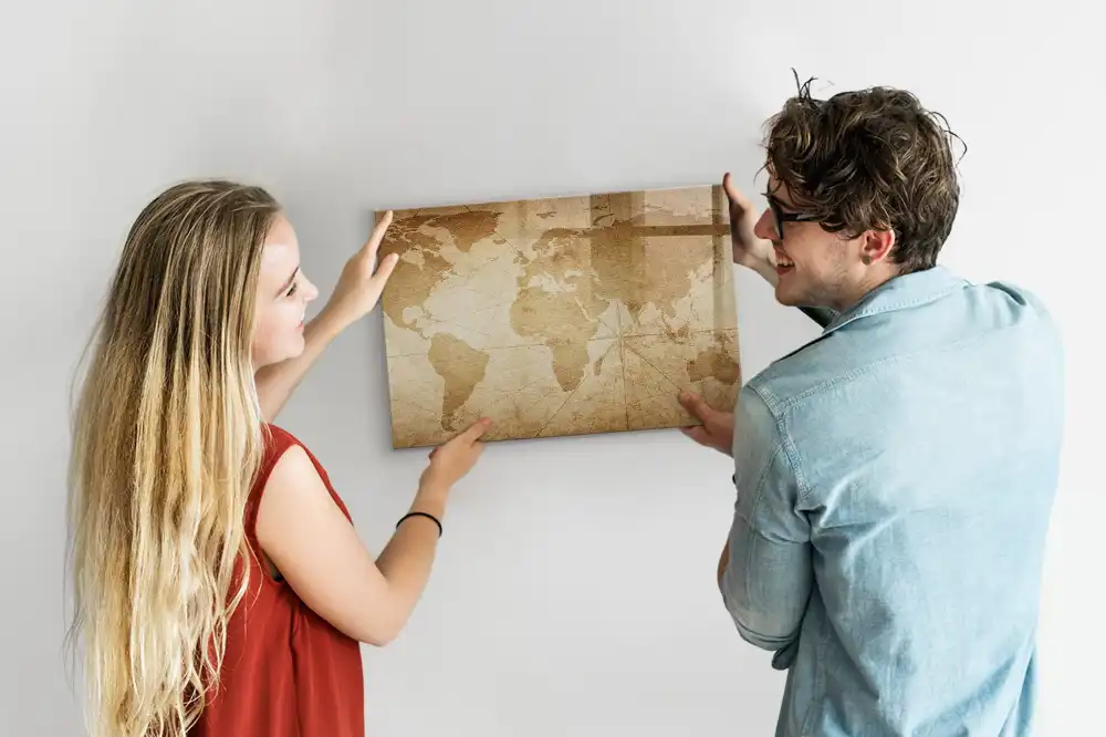 Tableau blanc magnétique effaçable à sec avec carte du monde vintage