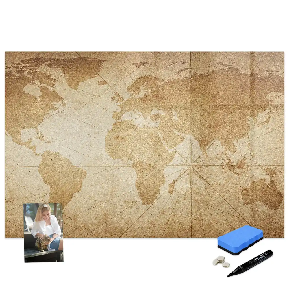 Tableau blanc magnétique effaçable à sec avec carte du monde vintage