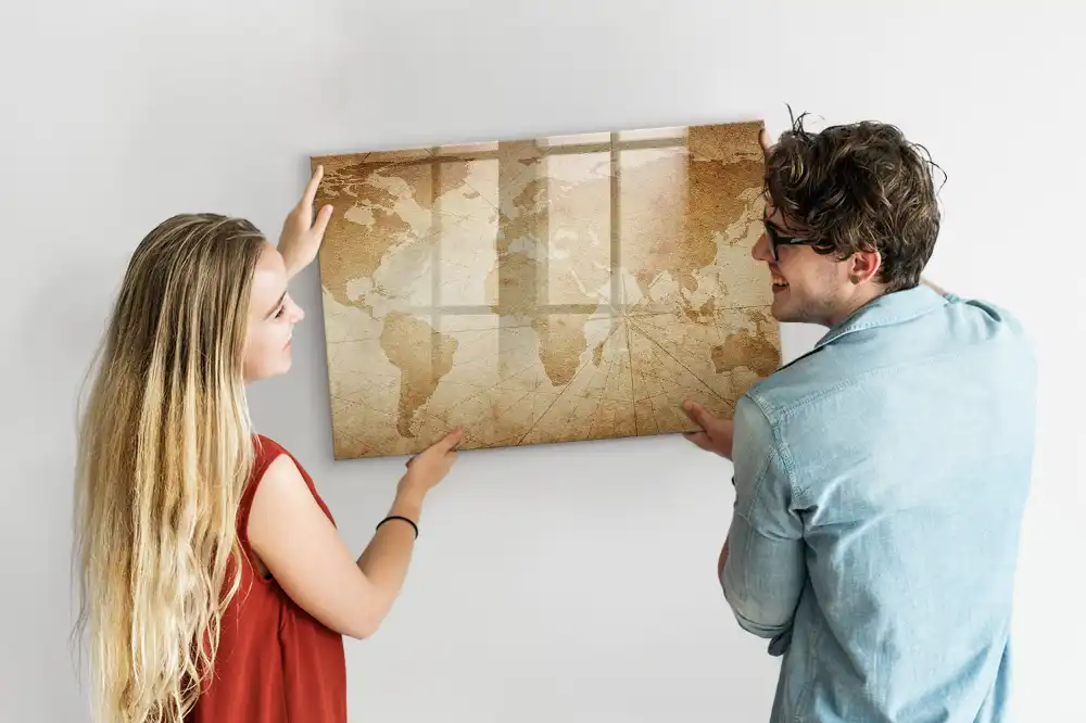 Tableau blanc magnétique effaçable à sec avec carte du monde vintage