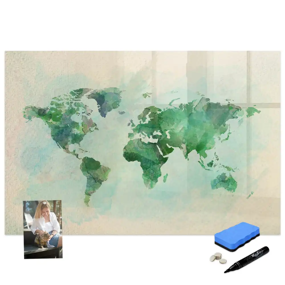 Tableau magnétique à dessiner motif globe terrestre à l'aquarelle