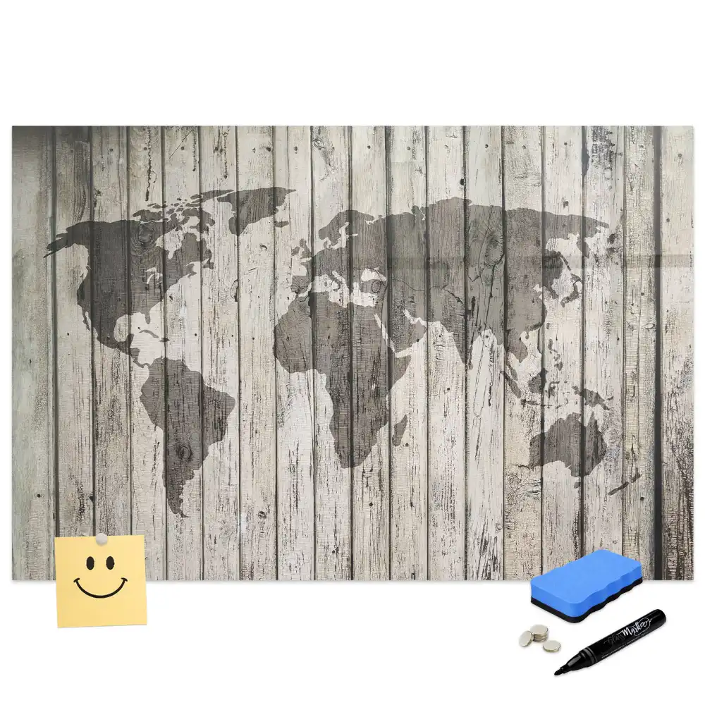 Tableau blanc magnétique effaçable à sec représentant une carte du monde sur fond de table en bois