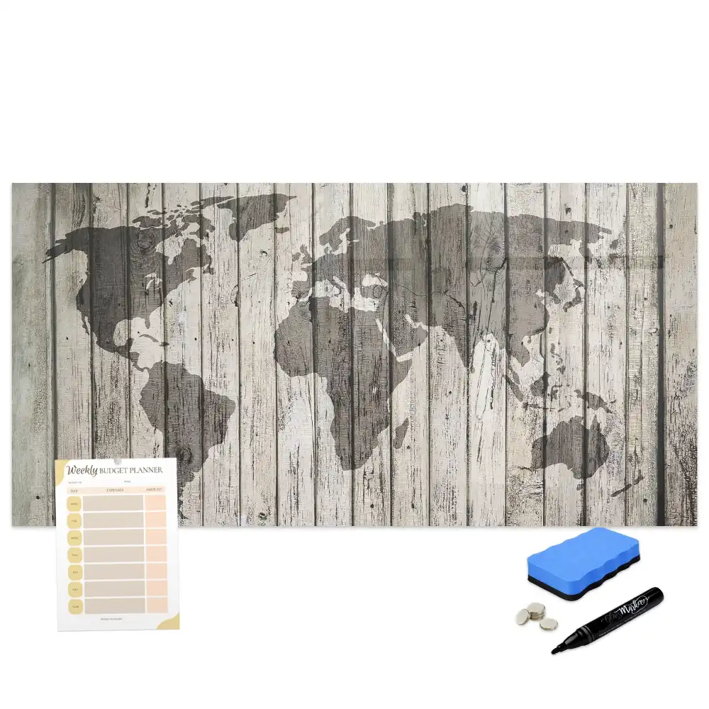 Tableau blanc magnétique effaçable à sec représentant une carte du monde sur fond de table en bois