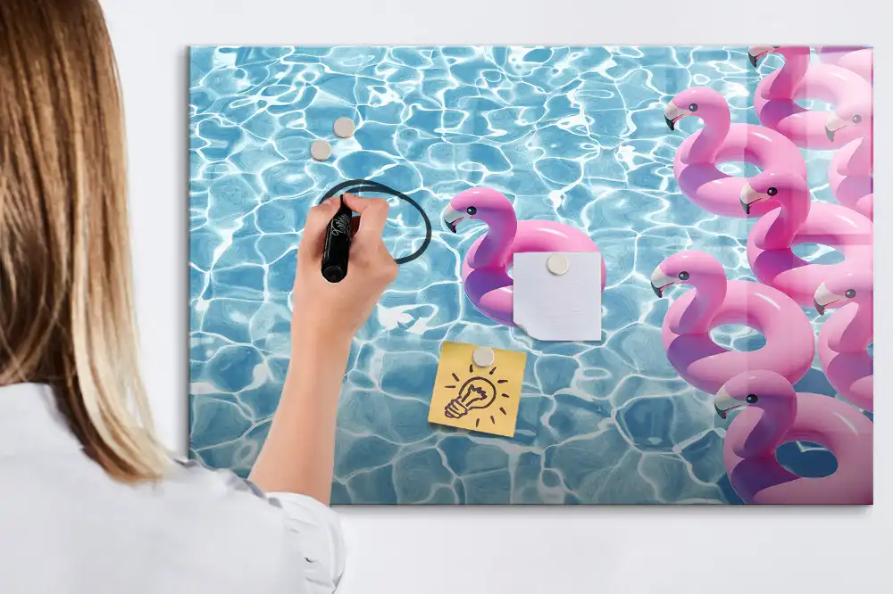 Tableau blanc magnétique effaçable à sec motif pissenlits volants et flamants roses