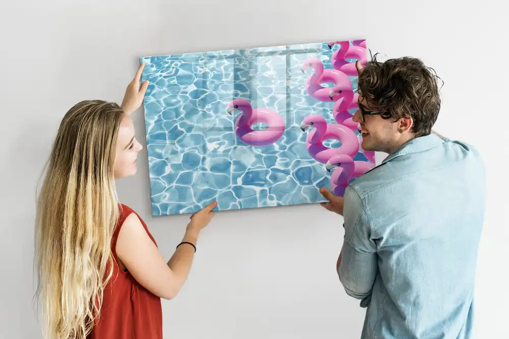 Tableau blanc magnétique effaçable à sec motif pissenlits volants et flamants roses