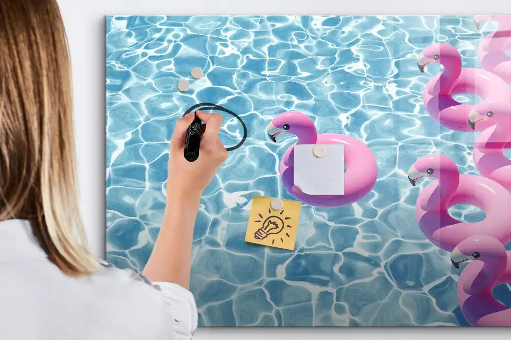 Tableau blanc magnétique effaçable à sec motif pissenlits volants et flamants roses